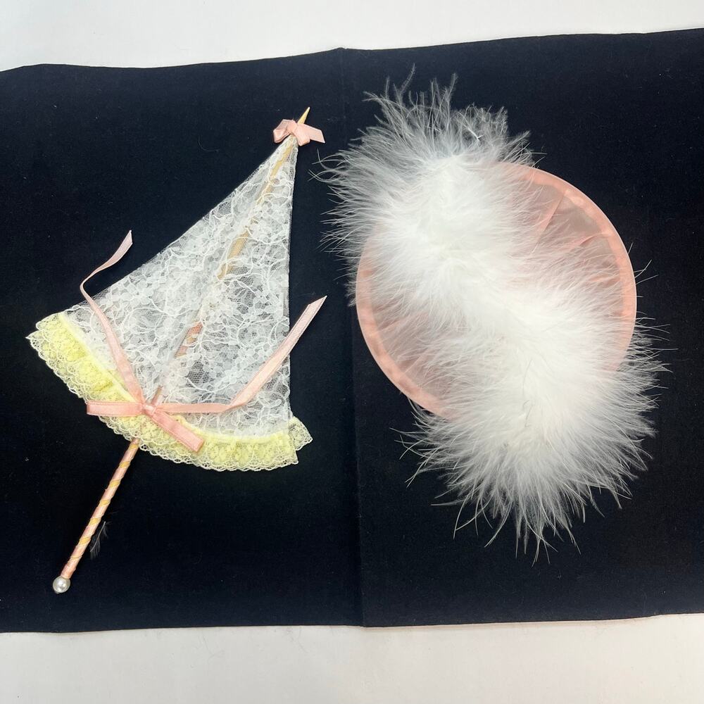 Vintage Doll Accessories Miniature Lace Parasol and Pink Feathered Hat Set
